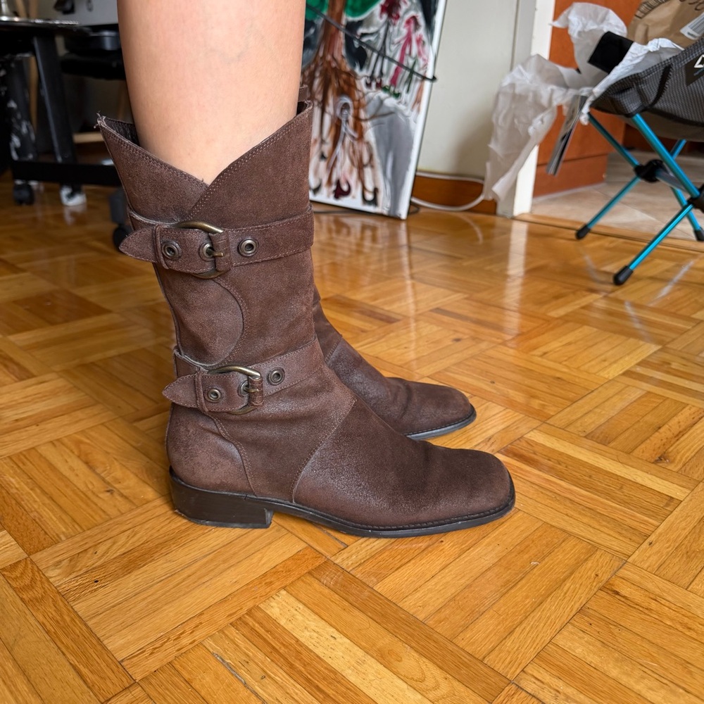 Donald J. Pliner Brown Suede Mid-Calf Lace-Up Buckle Boots